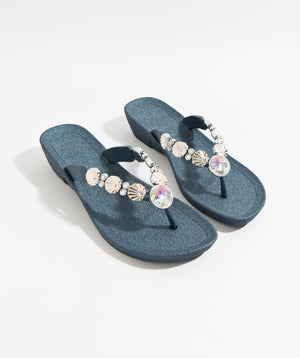 Navy Wedged Embellished Sandals with Non-Slip Sole