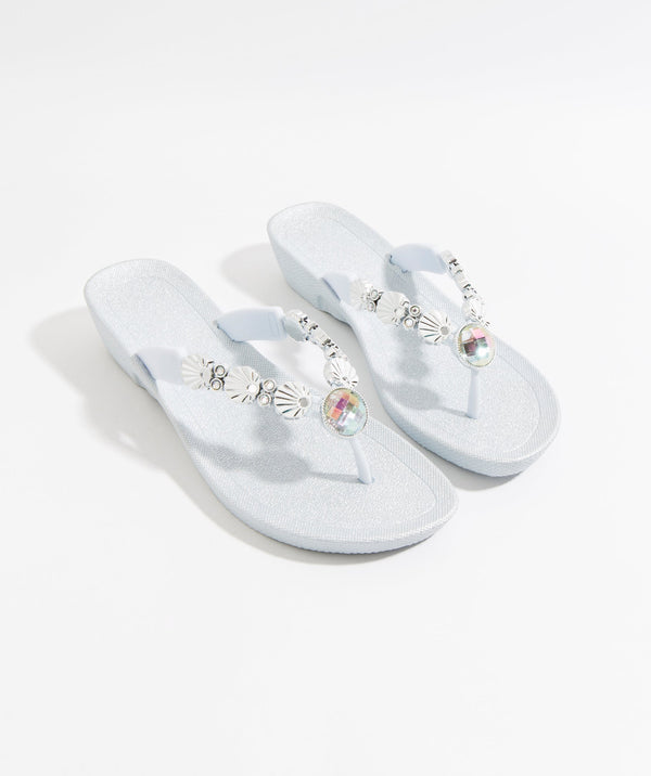 Silver Wedged Embellished Sandals with Non-Slip Sole