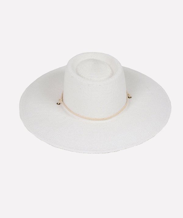 White Wide Brim Straw Hat with Rope Trim Embellishment