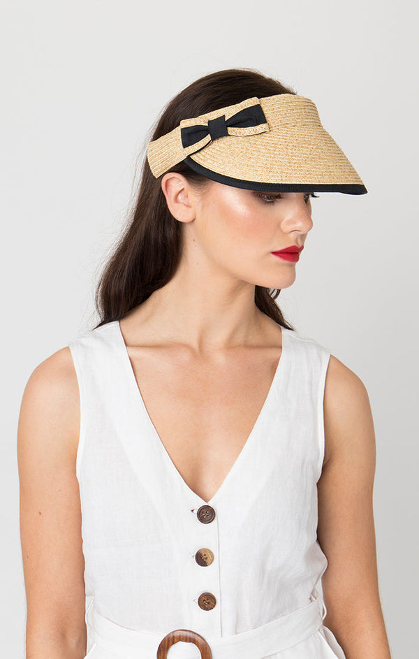 Natural/Black Straw Sun Visor with Bow Detail and Elasticated Band
