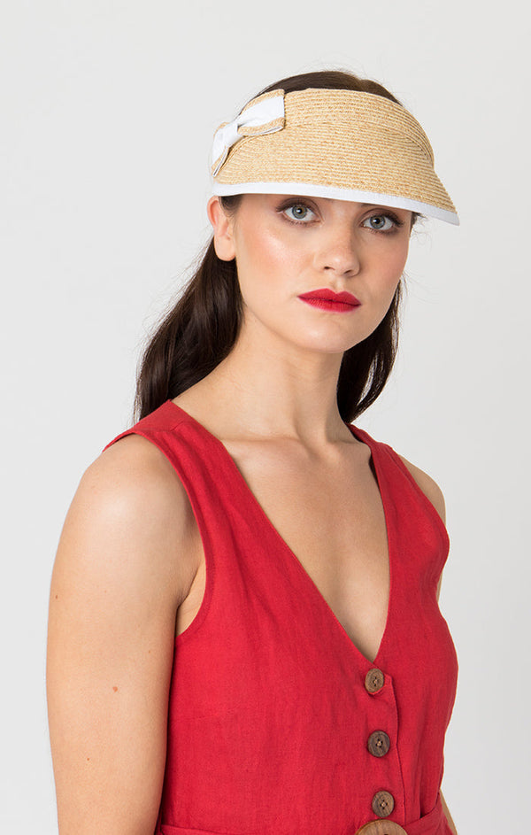 Natural Straw Sun Visor with White Fabric Trim and Bow Detail